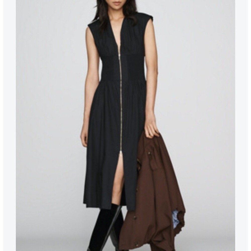 Anthropologie Tommie Smocked Front Zip Midi Shirt Dress Black M Pocket Coquette